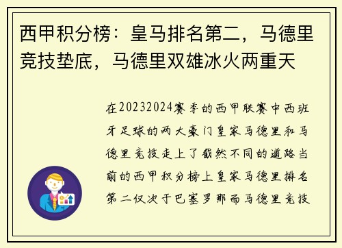 西甲积分榜：皇马排名第二，马德里竞技垫底，马德里双雄冰火两重天